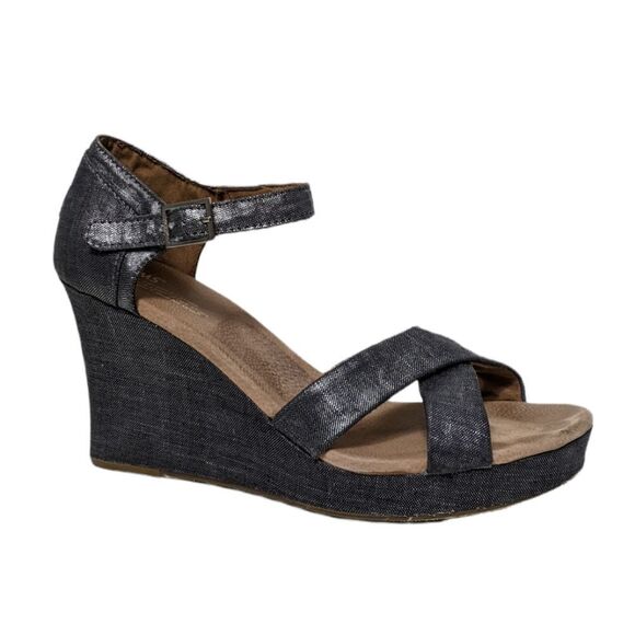 TOMS Metallic Denim Strappy Wedge Heels 12 - Picture 12 of 12